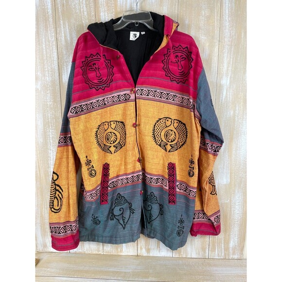Bohemian Zodiac Tribal Boho Size XL Hooded Button Jacket Cotton Sweatshirt Nepal - Picture 2 of 15